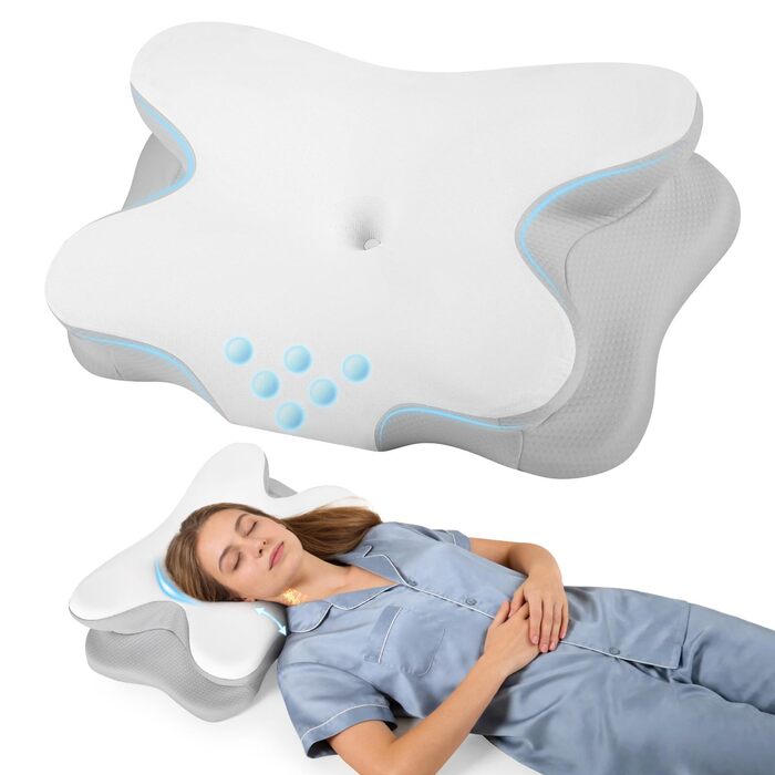 Ортопедична подушка для сну з Memory Foam - для бокових, спинних та животоположних позицій. З покриттям з льонової тканини (білий, сірий)