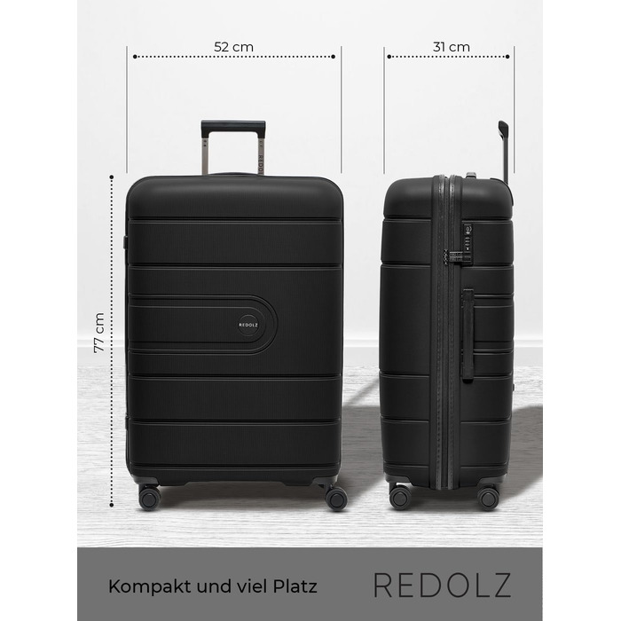 Візок REDOLZ Hard Shell XL 77 см, легкий поліпропілен, 4 подвійних колеса & TSA, чорний