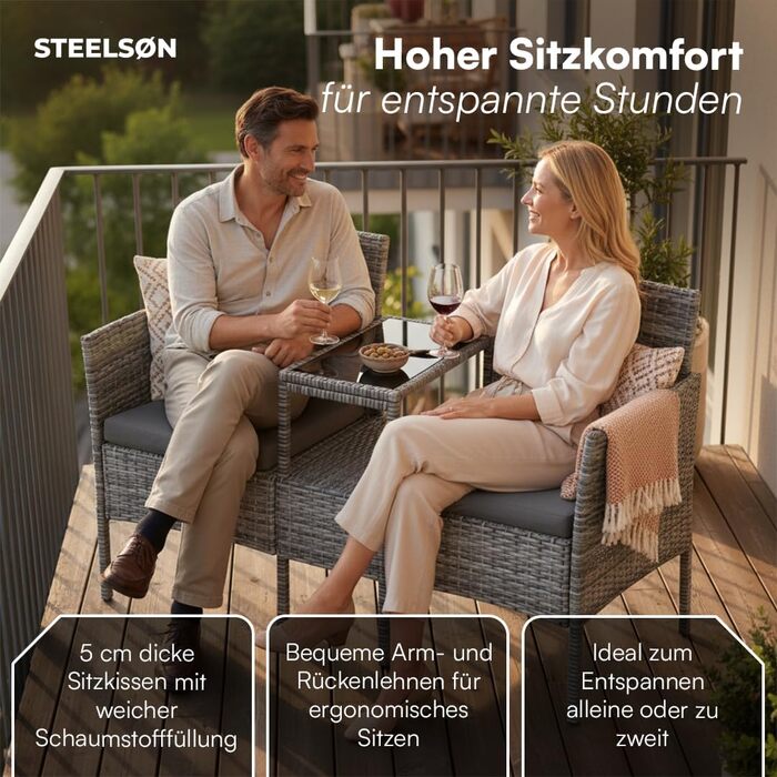 Садова лавка STEELSØN Velara з інтегрованим столиком - ротангова лавка для 2 осіб з подушками, вуличні меблі, стійкі до погодних умов, для тераси та балкона (сіро-меланжевий)