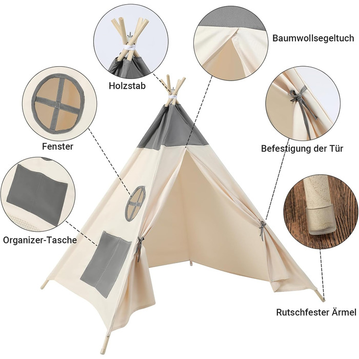 Kinder Tipi Zelt - класичне індіанське намет для дітей, бавовняний намет для дівчаток та хлопчиків з сумкою, складане ігрове будиночок для дому та на вулицю