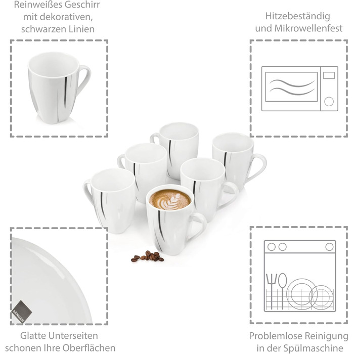 SÄNGER Кавовий сервіс Bilgola з порцеляни, 6 персон, 150 мл, білий з чорними лініями | PREMIUM COLLECTION