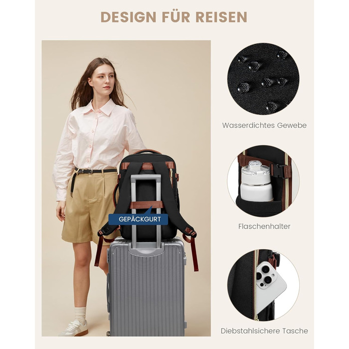 LOVEVOOK Рюкзак ручної поклажі, 17.3 дюйми, 40L, для подорожей та бізнесу, водонепроникний, для жінок, 45x30x20см, 4 кольори (Teegrün, Beige, Schwarz, Braun)