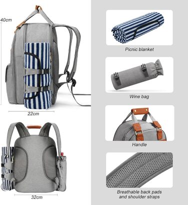 Набір для пікніка на 4 особи з термосумкою, флісовою ковдрою, столовим приладдям, для кемпінгу, пляжу, подорожей, походів (Світло-сірий)