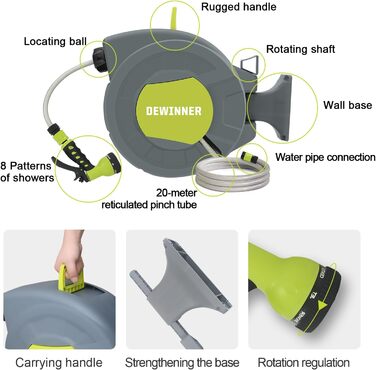 DEWINNER: барабан для садового шлангу 20 + 2 м, автоматичний, з ручною лійкою, поворотний 180°, 7 функцій, для великих садів