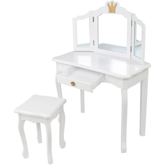Дитячий туалетний столик LEADZM з пуфом для дівчаток, з двома 180° дзеркалами та ящиком, для дітей 3-9 років (білий & рожевий)