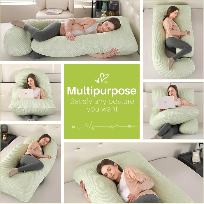 Подушка для вагітних GKXLH - J-подібна подушка для підтримки спини, живота та стегон. Знімний чохол з ефектом охолодження (Iced Bean Green)