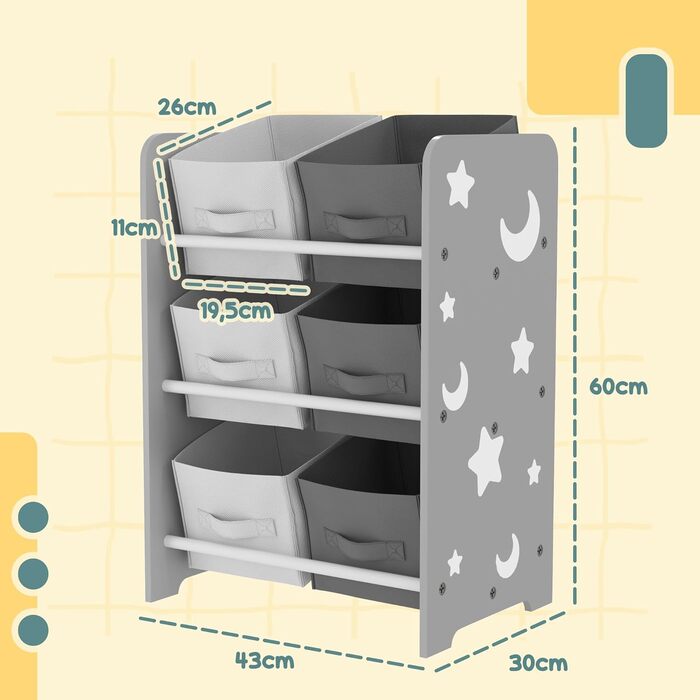 Полиця для іграшок Kinderregal для дітей старше 3 років, сіра, з 6 коробками з фетру, органайзер для іграшок, 43x30x60 см