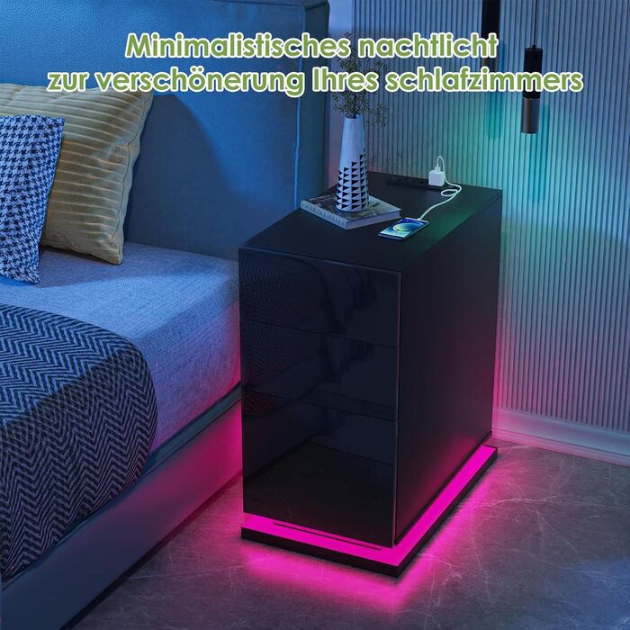 Вузька чорна тумба приліжкова з розеткою, USB, LED-підсвіткою 16 кольорів, 3 шухлядами, 50x30x63 см для спальні, сучасна