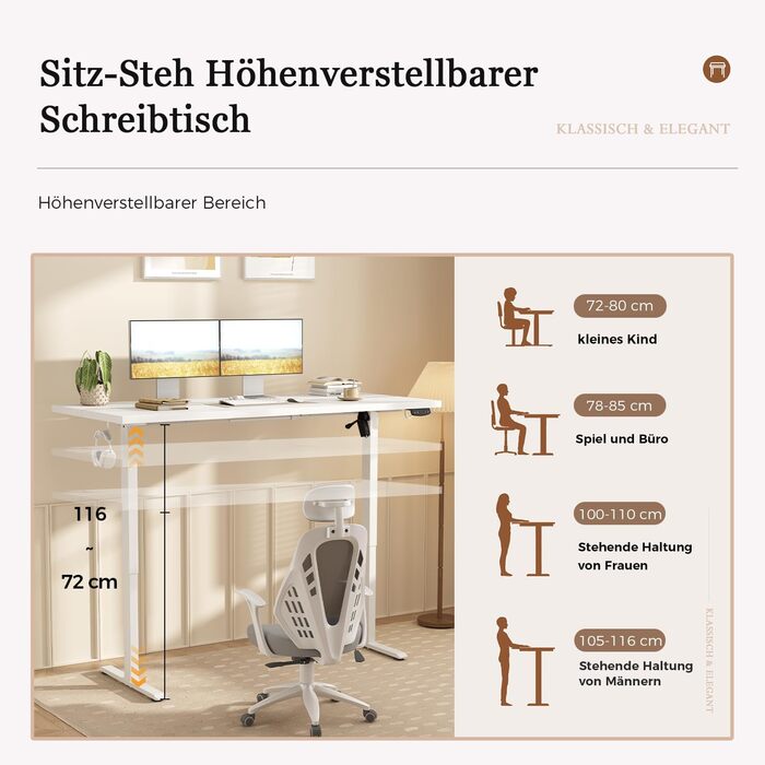 Регульований стіл Klicelor, електричний, стоячи/сидячи, офісний, з пам'яттю, 100 x 60 см, білий