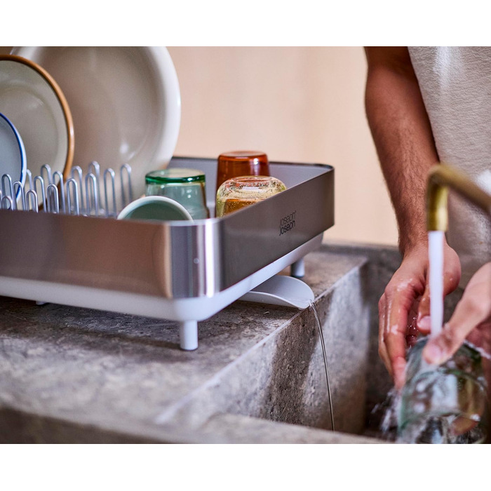 Сушарка для посуду Joseph Joseph Extend з нержавіючої сталі, висувна, компактна, з підставкою для столових приборів та поворотним зливом (Plus, Light Stone)