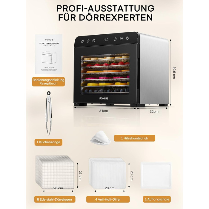 Електричний дегідратор FOHERE з нержавіючої сталі, 650W, 8 ярусів, таймер 48h, 35-75°C - для овочів, м'яса, трав, здорових перекусів та кемпінгу