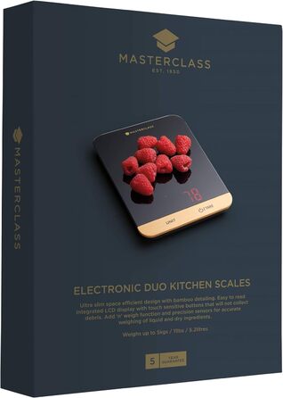 Компактні цифрові кухонні ваги MasterClass з подарунковою коробкою, пластикові/бамбукові, чорні, 22 x 16 см, місткість 5 кг, з функцією TARA