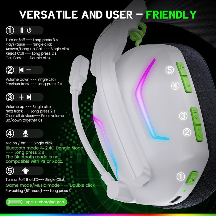 WG1 Bluetooth ігрова гарнітура з мікрофоном, бездротова, 2.4G, для PS5, PS4, PC, Switch, Mac, з LED підсвічуванням, шумозаглушення, 50 годин роботи, Satinweiß (Upgrade-Xbox, Quantum White)