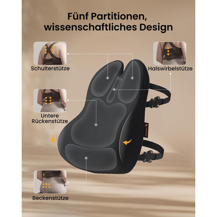 Підпорка для спини ProtoArc з піною Memory Foam, для офісного крісла, авто та столу, чорна