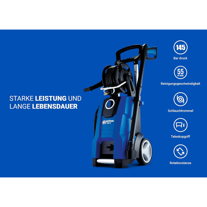 Мийка високого тиску Nilfisk E 145 Bar з пінотворечем, насадкою для миття поверхонь, щіткою та набором для чищення труб (2100 Вт)
