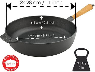 Сковорода Carl Victor 28 см чавунна без PFAS з легкою дерев'яною ручкою