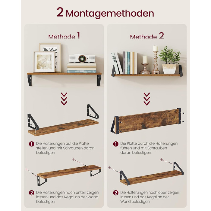 Настінна полиця VASAGLE, 6 штук в наборі, полиці-дошки, 2 способи монтажу, 30/35/40 см, для вітальні, кухні, кабінету, ванної кімнати, вінтажний коричневий + матовий чорний, LWS033K02