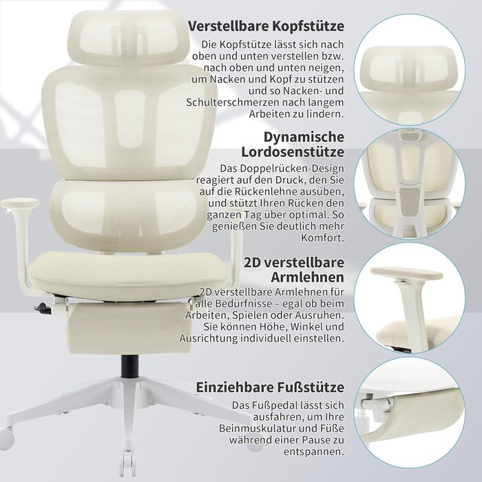 Ергономічне крісло для офісу з підніжкою, висока спинка, 2D-підголівник, відкидні підлокітники, сидіння з губки, сітчастий офісний крісло, крісло для начальника, комп'ютерне крісло для дорослих (кремовий)