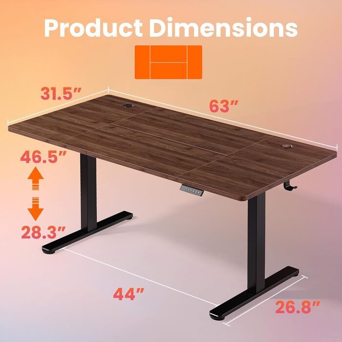 Регульований стіл HUANUO з пам'яттю висоти, електричний стіл для дому, офісу та комп'ютера, стоячий стіл (темно-горіховий, 160 x 80 см)