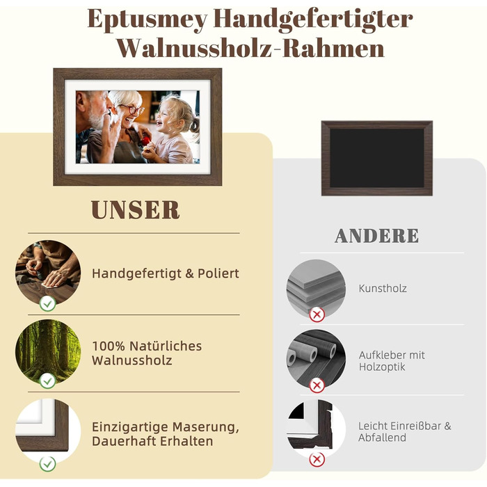 Цифровий фоторамка Eptusmey 10.1 дюймів з Wi-Fi, дерев'яний корпус з дуба, 32GB, HD IPS сенсорний екран 1280x800, відтворення фото/відео через Uhale APP, подарунок для чоловіків та жінок, колір A-Білий