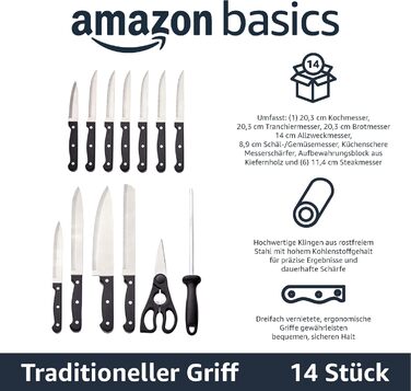 Набір ножів Amazon Basics, 14 штук, чорний колір
