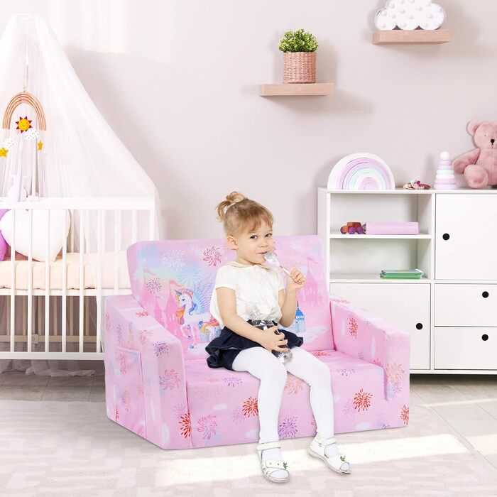 Дитяче крісло-диван 2 в 1 з кишенькою та антиковзаючим подушкою, розкладне, для спальні, вітальні, ігрової кімнати (Принцеса)