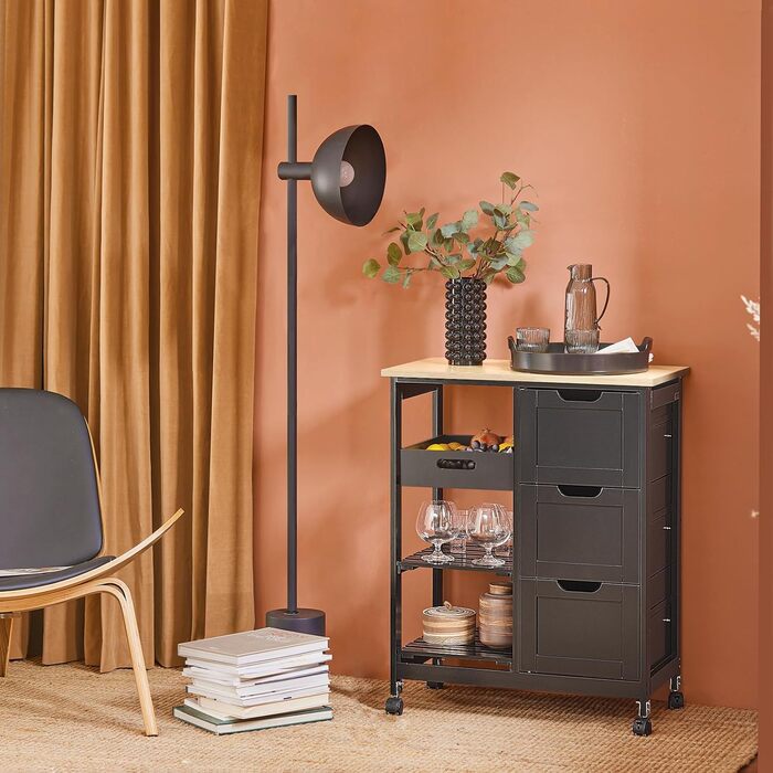 Сервізний візок SoBuy з колесами - кухонний візок з 2 знімними полицями та 1 підносом - додатковий візок на колесах для кухні, вітальні, їдальні - чорний, 68x85x38 см, до 50 кг, МДФ, FKW79-SCH