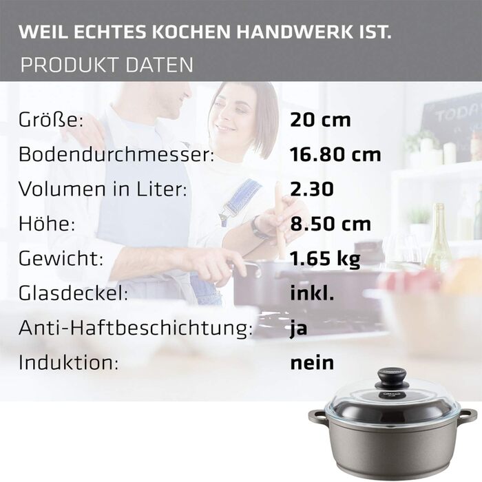 Каструля Berndes Bonanza з кришкою з термостійкого скла, силіконовими ручками, 20 см, алюмінієвий лит, антипригарне покриття, 2.3 л, чорна, Classics