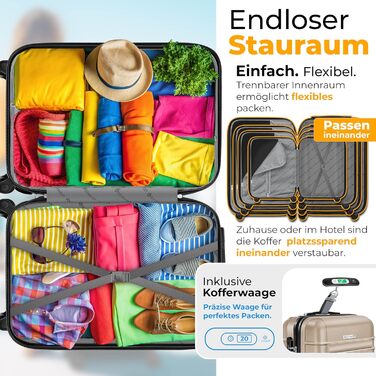 Набір валіз KESSER® з ABS-пластику (4 шт.): S, M, L, XL. З телескопічною ручкою, 4 колеса, ваги та жетон для багажу. Колір: шампань