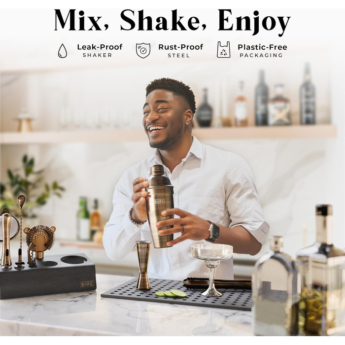 Набір бармена Pro Mixology: 14 предметів | Шейкер Boston, аксесуари для коктейлів | Набір для дому, подарунок | З бамбуковим підставкою, рецептами, з нержавіючої сталі (24oz)