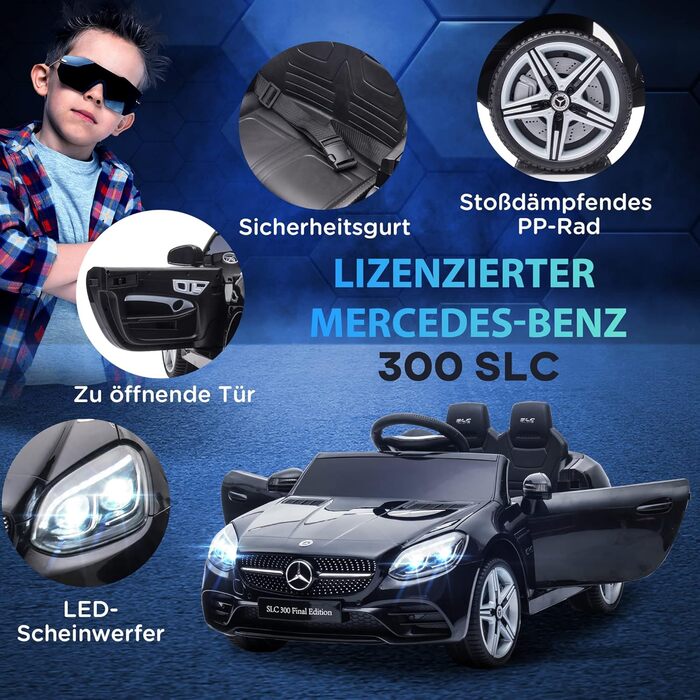 Дитячий електромобіль Mercedes SLC 300 AIYAPLAY 12V з пультом, LED, музикою, ременем безпеки, чорний, для дітей від 3 років