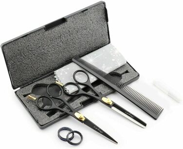 Набір перукарських ножиць Haryali London, професійні, ножиці з регульованим гвинтом, текстура, рідке волосся, 15,2 см, чорний, у презентаційному футлярі
