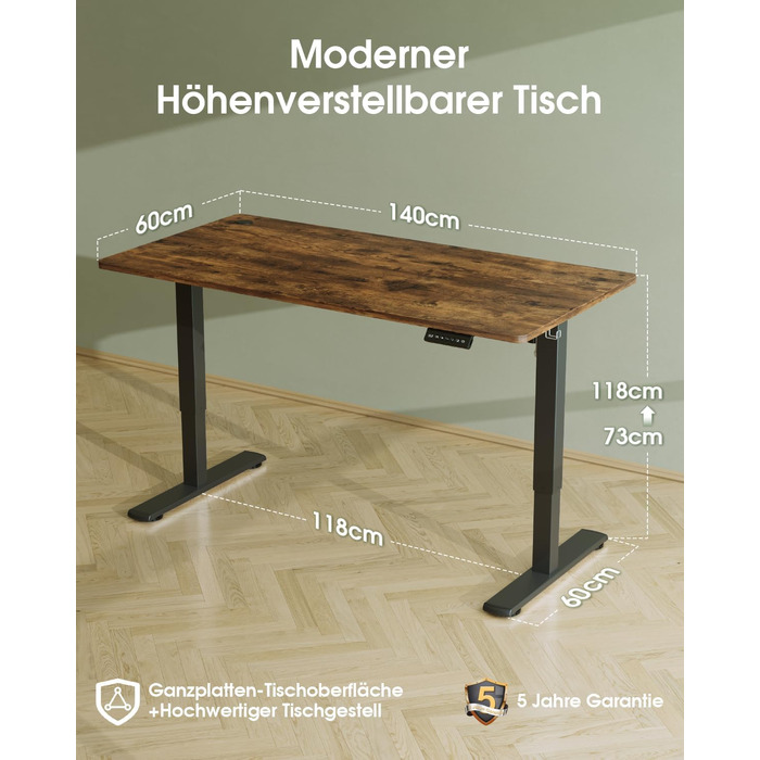 Електричний регульований стіл Flamaker 140x60 см з пам'яттю, для геймінгу, коричневий (Vintage Braun)
