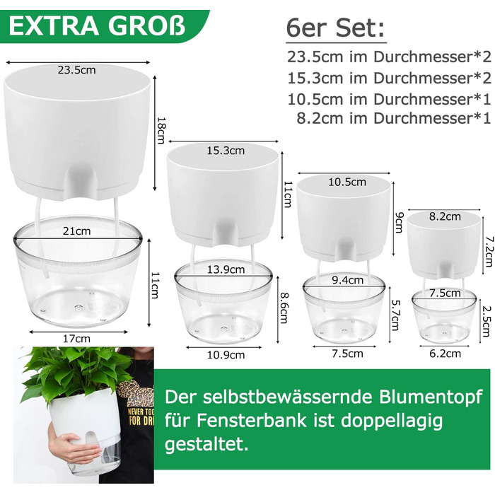 Набір горщиків для трав на кухню, самополив, 3 шт. для свіжих кухонних трав, 18.2x11x15.3 см (білий)