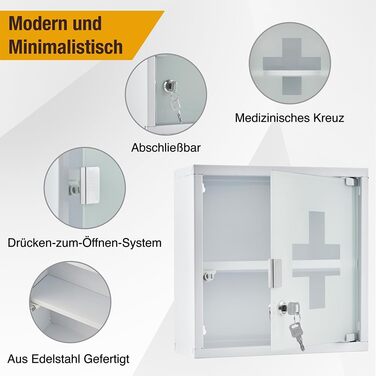 Медичний шафка Zedelmaier з нержавіючої сталі, 4 відділення, аптечний шафка, для ванної кімнати, навісний, з замком, 57 x 27 x 12 см, білий