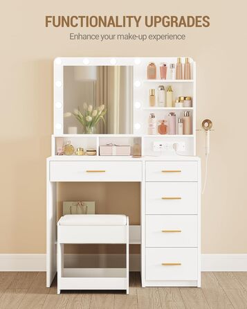 Дзеркальний туалетний столик Hzuaneri з LED-підсвіткою (10 LED), пуфом, великим дзеркалом, тримачем для фену та шухлядами, білий DT39003X