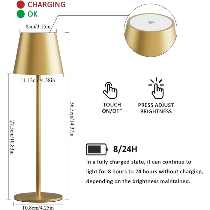 LED настільна лампа K-Bright 2 шт. з регулюванням яскравості, акумуляторна, бездротова, 3000K/4000K/6000K, USB-C, IP54, білий колір