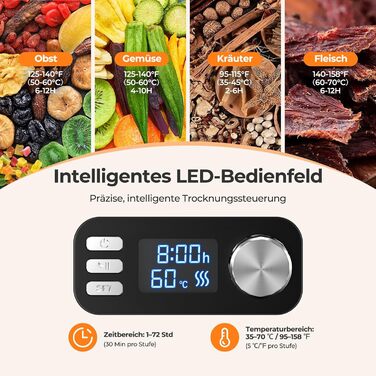 Сушарка для продуктів YASHE 8-ярусна, з регулюванням часу та температури до 72 год, з сітчастими вставками, роликом для фруктів та щипцями з нержавіючої сталі для м'яса, фруктів, овочів, трав, без BPA