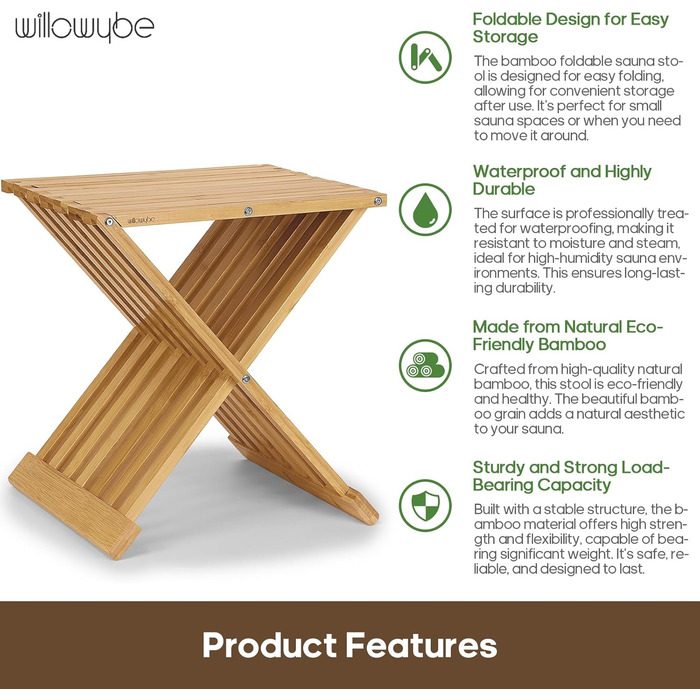 Складаний табурет для сауни та душу WILLOWYBE – водонепроникна бамбукова лавка, багатофункціональний стілець для ванної кімнати та парної, натуральний колір