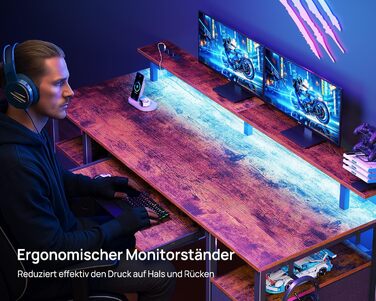 Ігровий стіл Seventable з LED підсвіткою, розетками та USB портами, шухлядами, підставкою для клавіатури та монітора (120x47x87 см, вінтажний коричневий)