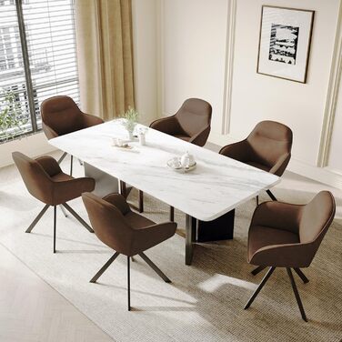 Обідній крісло з підлокітниками, набір з 6 обертових крісел, крісло для кухні, офісу, м'яке крісло з поліестеру та металевими ніжками, спинкою (6 шт., темно-коричневий)