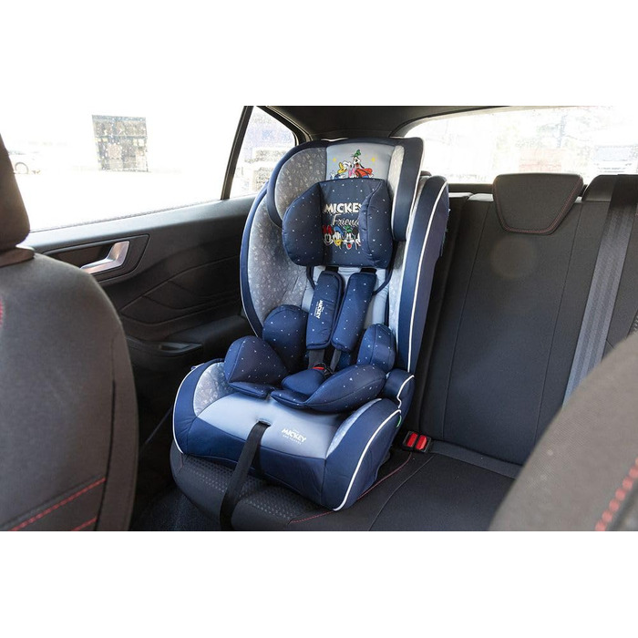 Автокрісло Disney Mickey Mouse з кріпленням ISOFIX для безпеки дитини зростом від 76 до 150 см з Міккі Маусом, Мінні Маус, Дональдом Даком, Плутоном і Гуфі на синьому тлі