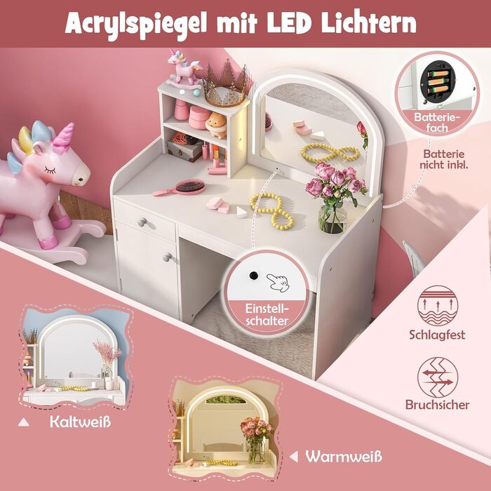 Дзеркальний столик для макіяжу Dreamade 2 в 1 для дівчаток з пуфом та LED-підсвіткою, з ящиком, полицею та шафкою, з дерева (білий)