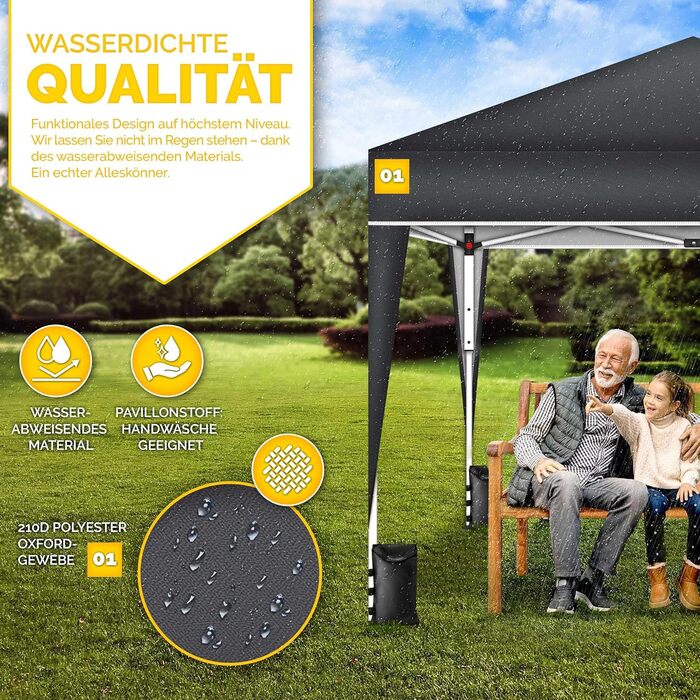 Павільйон Tillvex 3x3м водовідштовхувальний з 4-ма мішками з піском | Pop-Up павільйон, стабільний та регульований по висоті | Садовий намет з UV захистом 50+ | Намет для вечірок з сумкою для саду (Антрацит) 3x3м, без стін