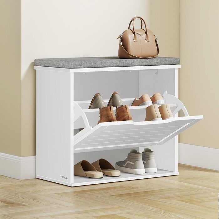 VASAGLE Комод для взуття з сидінням, банкетка для взуття з 3 ярусами, контейнер для взуття на 6 пар, відкидна полиця з регульованою перегородкою, 30 x 60 x 53,5 см, для передпокою, спальні, білий-сірий, LSB121WB01