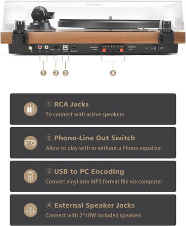 Вініловий програвач з Bluetooth, зовнішніми 36 Вт колонками, Hi-Fi системою, магнітною головкою, USB-записом, автостопом, вбудованим фонокоректором, 33/45 об/хв