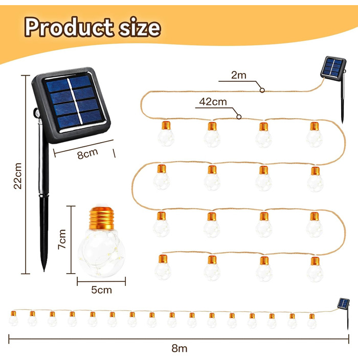 Вуличний струнний світильник Auezona, 16 лампочок, 8,2 м, IP44, 8 режимів, вінтажна прикраса для саду та балкона