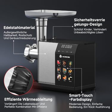 Електрична м'ясоподрібнювач AAOBOSI 3000W з LED-дисплеєм, 9 швидкостей, з нержавіючої сталі, для дому, з насадкою для ковбас та кіббе, інтегрований контейнер, сріблястий