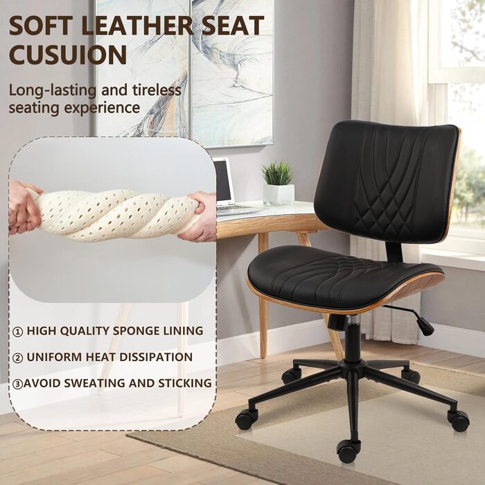 Крісло офісне без підлокітників Clatina з роликами, регульоване по висоті, шкіряне, поворотне, для комп'ютера, середньою спинкою, сучасний стиль горіх, для home office, робочого кабінету, конференц-залу, біле (чорне), 1 шт.