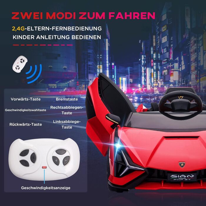 Електромобіль Lamborghini SIAN HOMCOM 12V для дітей, з пультом, музикою (MP3/USB), світлом, металевий, червоний, 108x62x40 см, для дітей 37-60 місяців